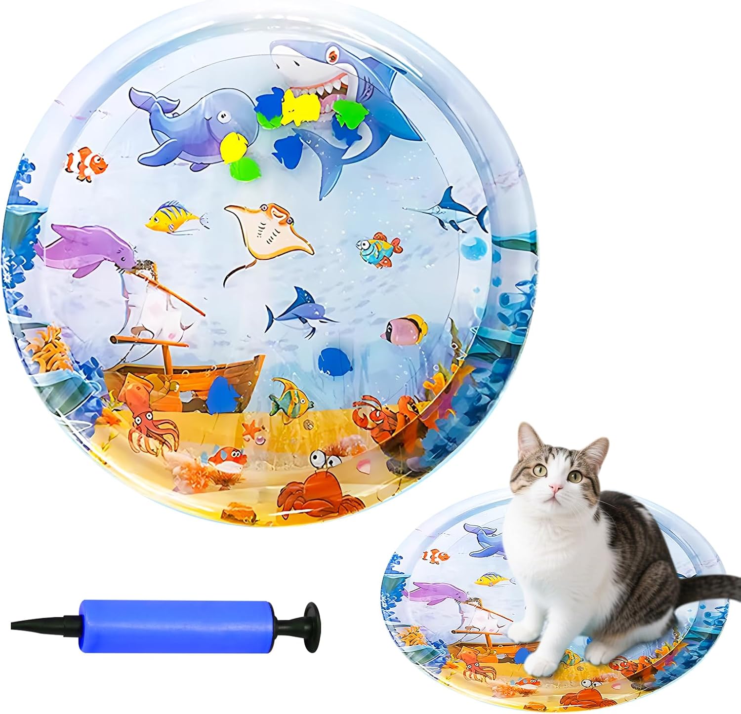 Pet Water Bed, 2025 Newly Upgraded Cat Dog Water Mat, Thickened Ocean Themed Round Sensory, Non-Slip Playmat, Floating Fish, for Indoor Cats Kitten, Durable & Easy-Clean