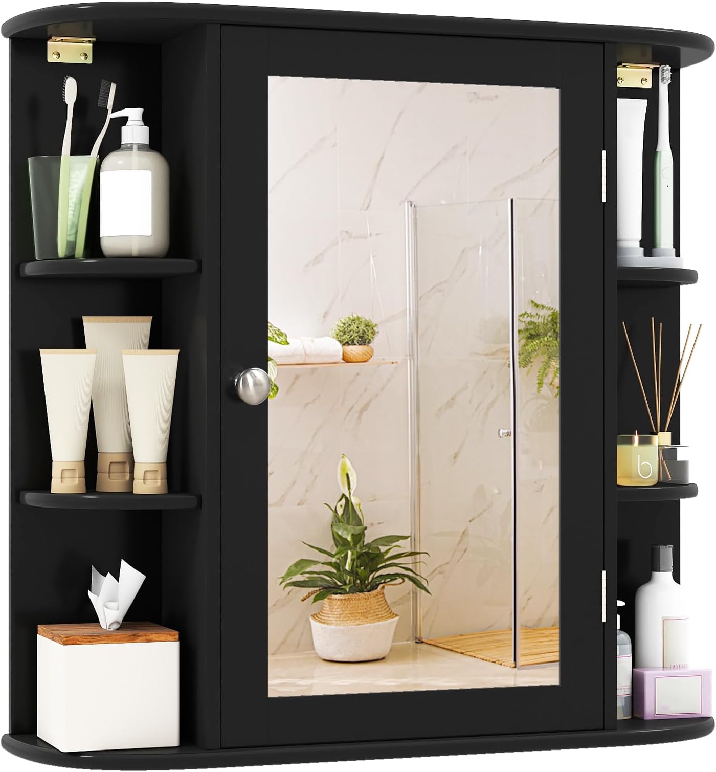 Bathroom Medicine Cabinet with Mirror, Modern Wall Mounted Space-Saving Storage Organizer with Mirrored Door, 4 Internal Shelves & 6 Open Side Shelves, Bathroom Wall Cabinet (Black)