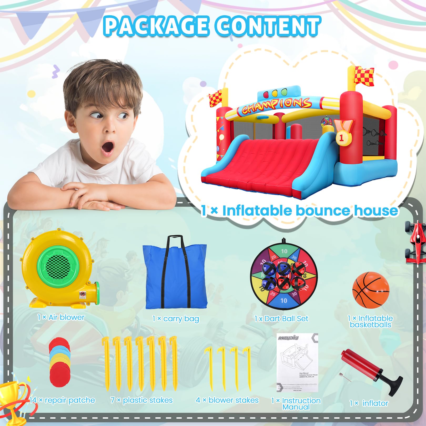 AKEYDIY Gran Casa de Rebote Inflable para Niños Grandes, Casa Hinchable con Tobogán Extra Ancho/Temas de Carreras de Escalada para Centro de Juego - Obstáculos de Patio Trasero, Castillo Hinchable