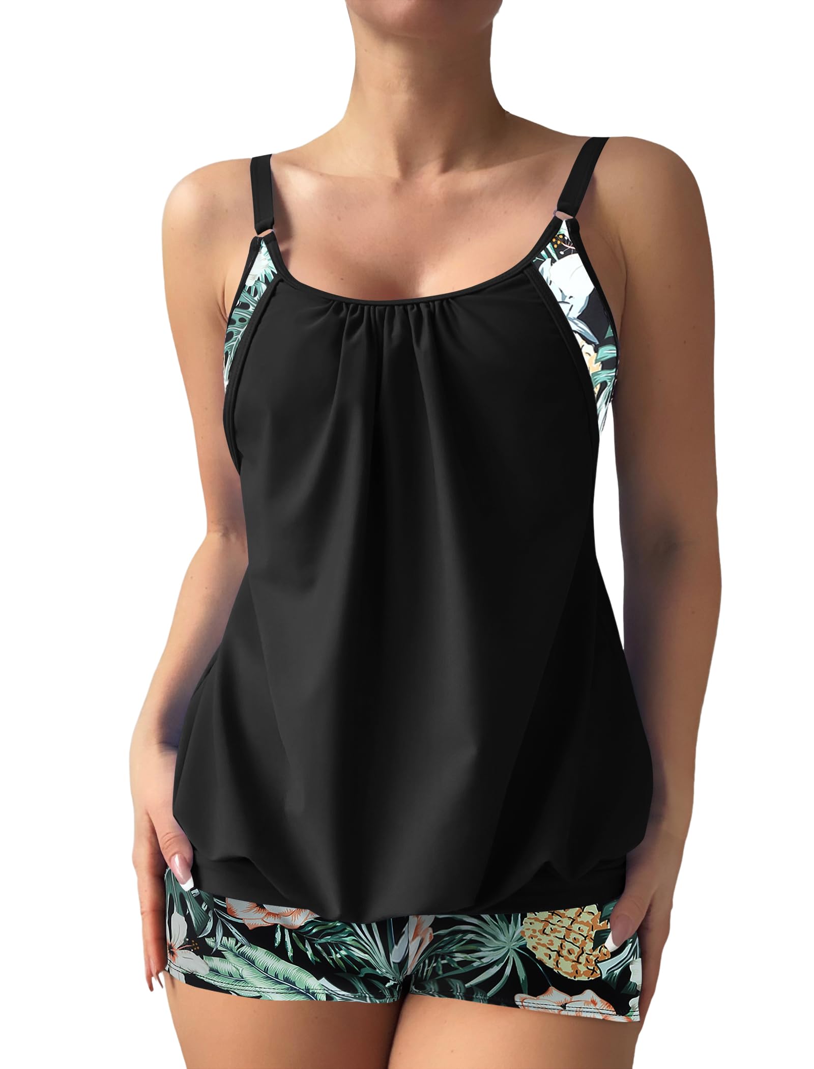 ZAFUL Two Piece Tankini Swimsuit for Women Tummy Control Bathing Suit with Boy Shorts Blouson Swimwear