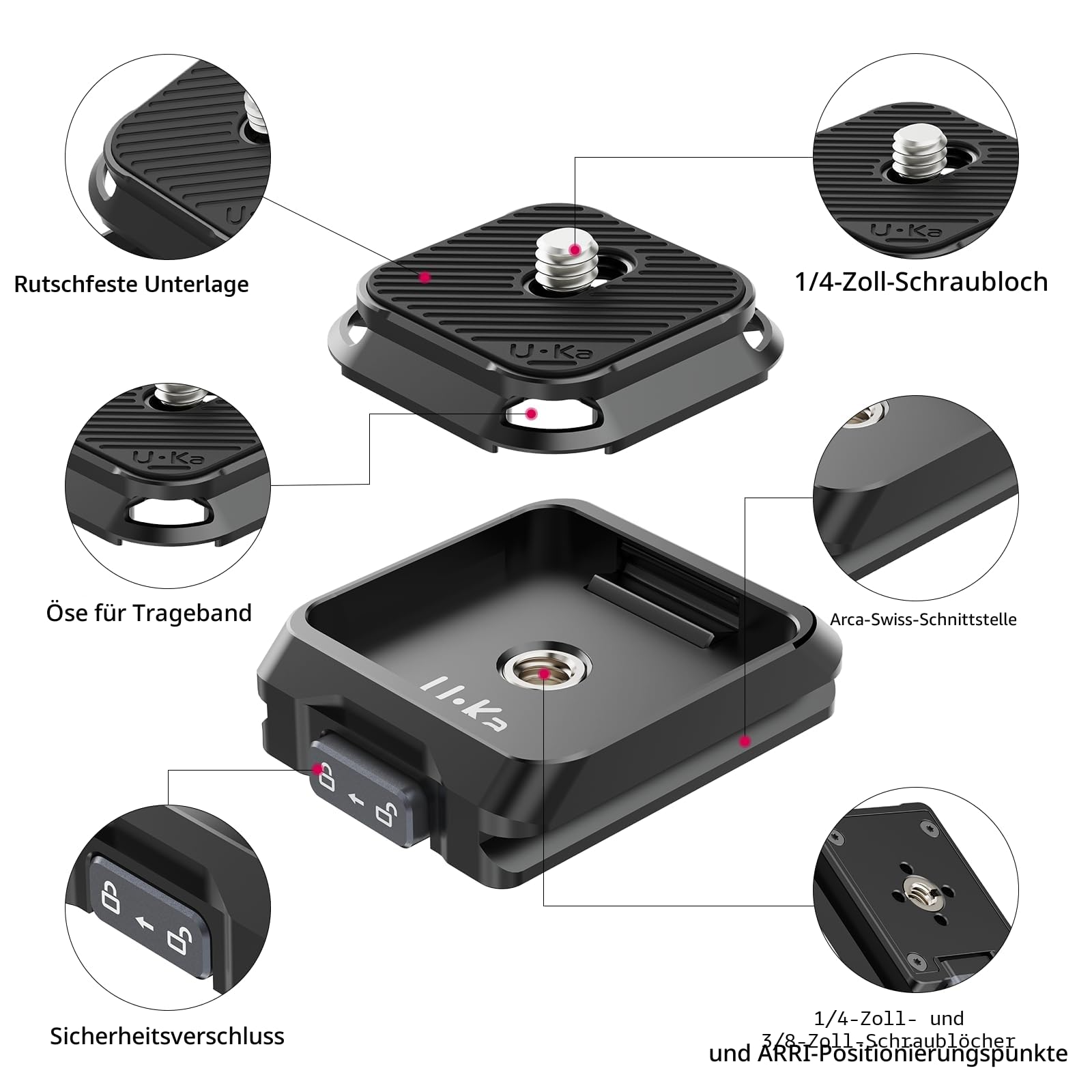 ULANZI Uka Quick Release Plate and Base Kit, UKA01 Kamera-Schnellwechselplatte mit 1/4', 3/8' Schraubgewinde, Quick Release Plates Base Compatible with Uka & F38 Plates