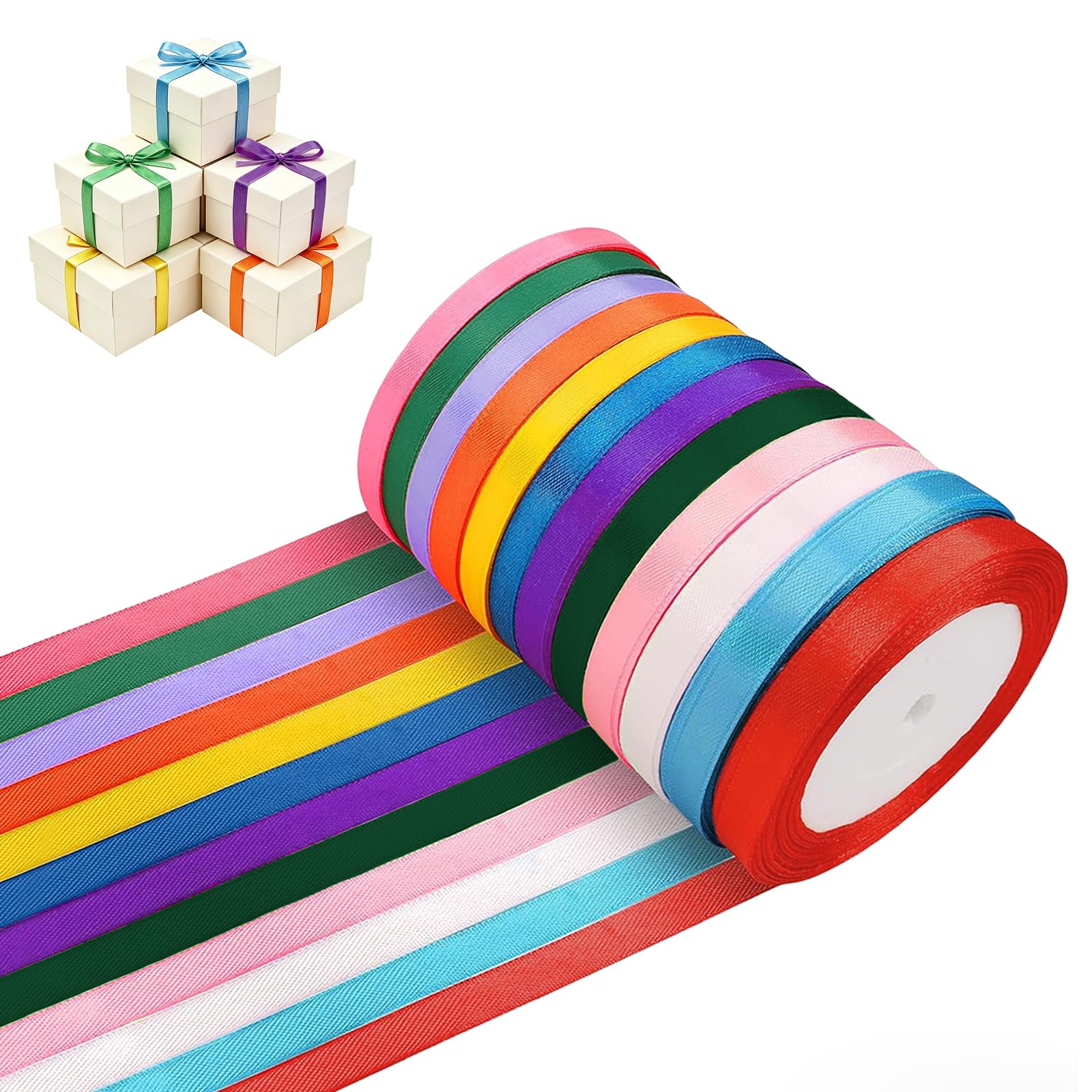 HAGOT 12 Colours Satin Ribbon Set, 10mm x 22m Each Gift Wrapping Ribbon, Multicolor Polyester Fabric Ribbons for Wedding, Birthday Party, Christmas, Balloons, Bows & DIY Crafts