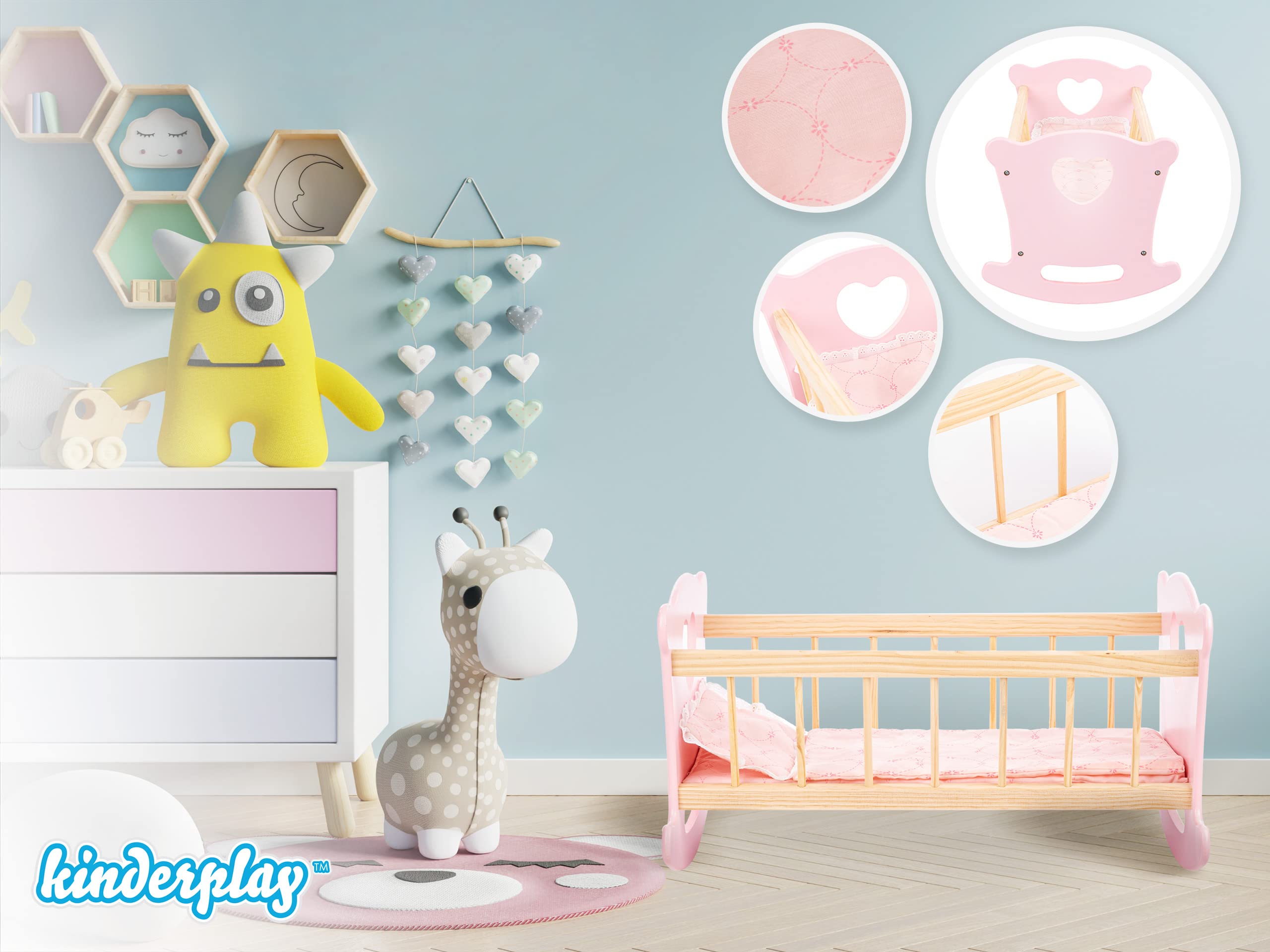 Kinderplay Łóżeczko dla Lalki, Kołyska dla lalki – Zestaw Kołyska plus Kołderka, Poduszeczka oraz Prześcieradło, dla laki o max. długości 49.5 cm., model GS2101