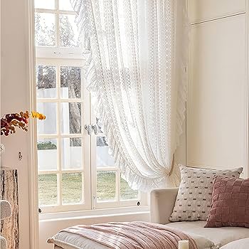 Amazon｜オフホワイトレースシアーカーテン リビングルーム用フリル