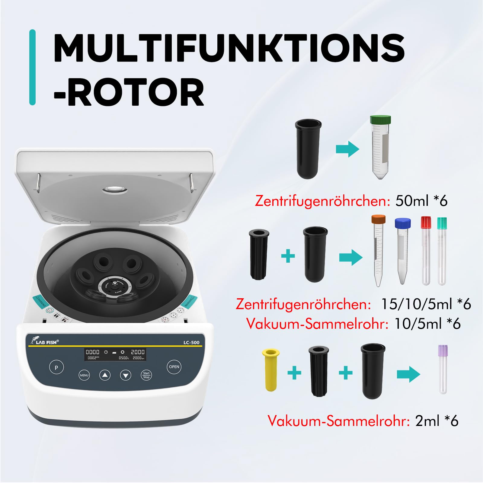 LAB FISH Labor Zentrifuge, Niedrige Drehzahl 500-4000 U/min, Max. 2146 xg, 9 Programmspeicher, Timer, für 2/5/10/15/50ml Röhrchen (6-fach Winkelrotor)