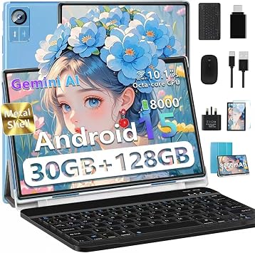 Tablet Android 15 Octa Core 10 Inch 30GB RAM + 128GB ROM 2TB TF | 5G + 2.4G WiFi | 8000mAh | FHD | Bluetooth 5.0 | GPS | 8MP + 5MP | Type C, Keyboard and Mouse - Blue