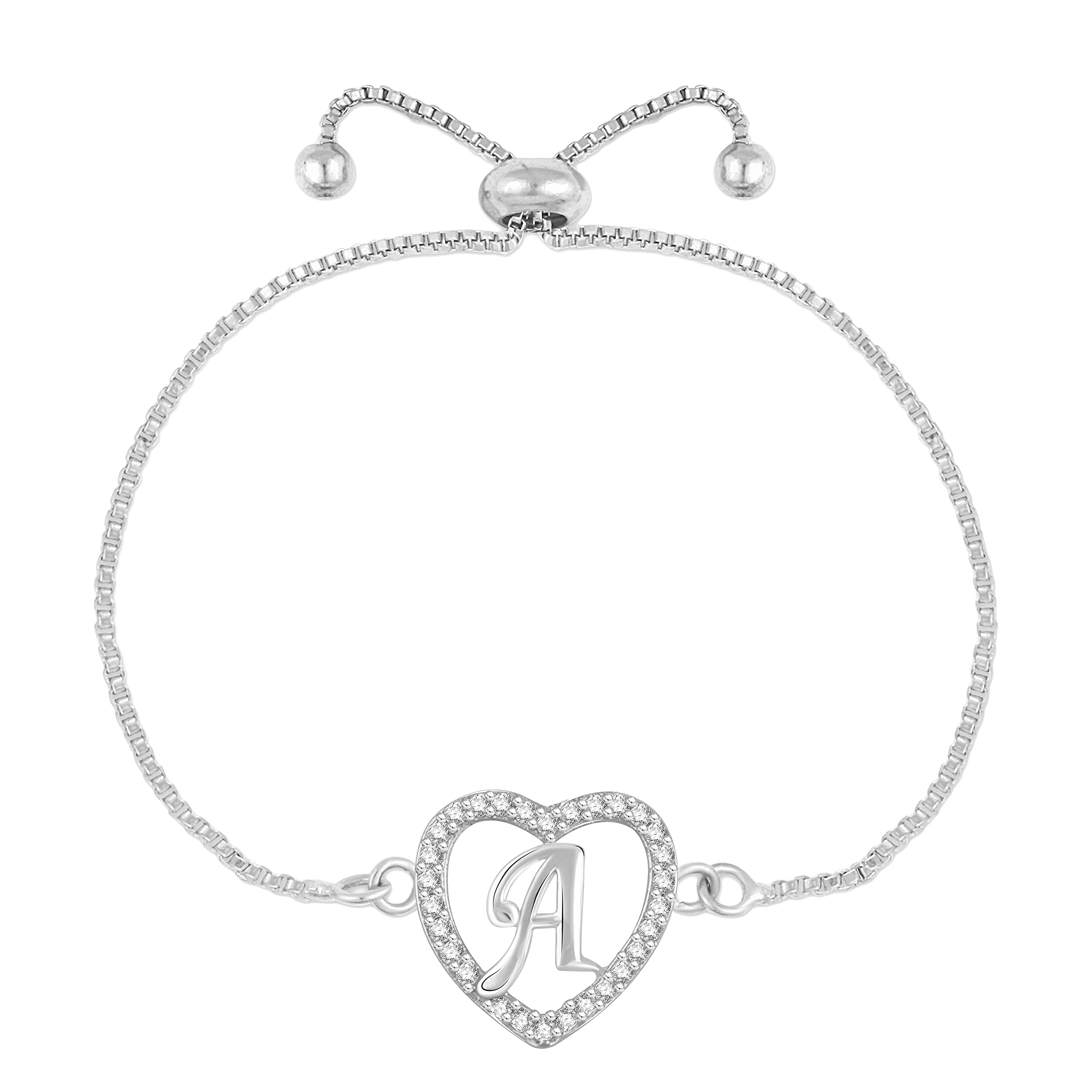 Bracelet for women girls ladies Love couple American diamond CZ AD Brass Crystal Silver Love Heart Shape Alphabet Letter Name Initial A Locket Pendant Chain Adjustable Valentine gifts M02-image-47