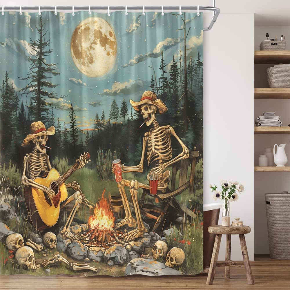 Funny Skeleton Shower Curtain Full Moon Starry Skull Bonfire Guitar Music Forest Party Fall Forest Gothic Halloween Polyester Fabric Bathroom Decor 70×96 Inch with Hook