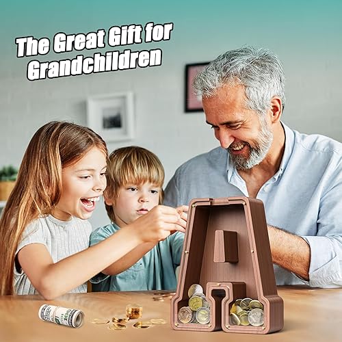 Miniatura 148 de SummiDate Alcancía de madera con nombre, niños y niñas, tamaño grande, letras alfabeto A-Z, monedas y billetes, inicial en cubierta transparente