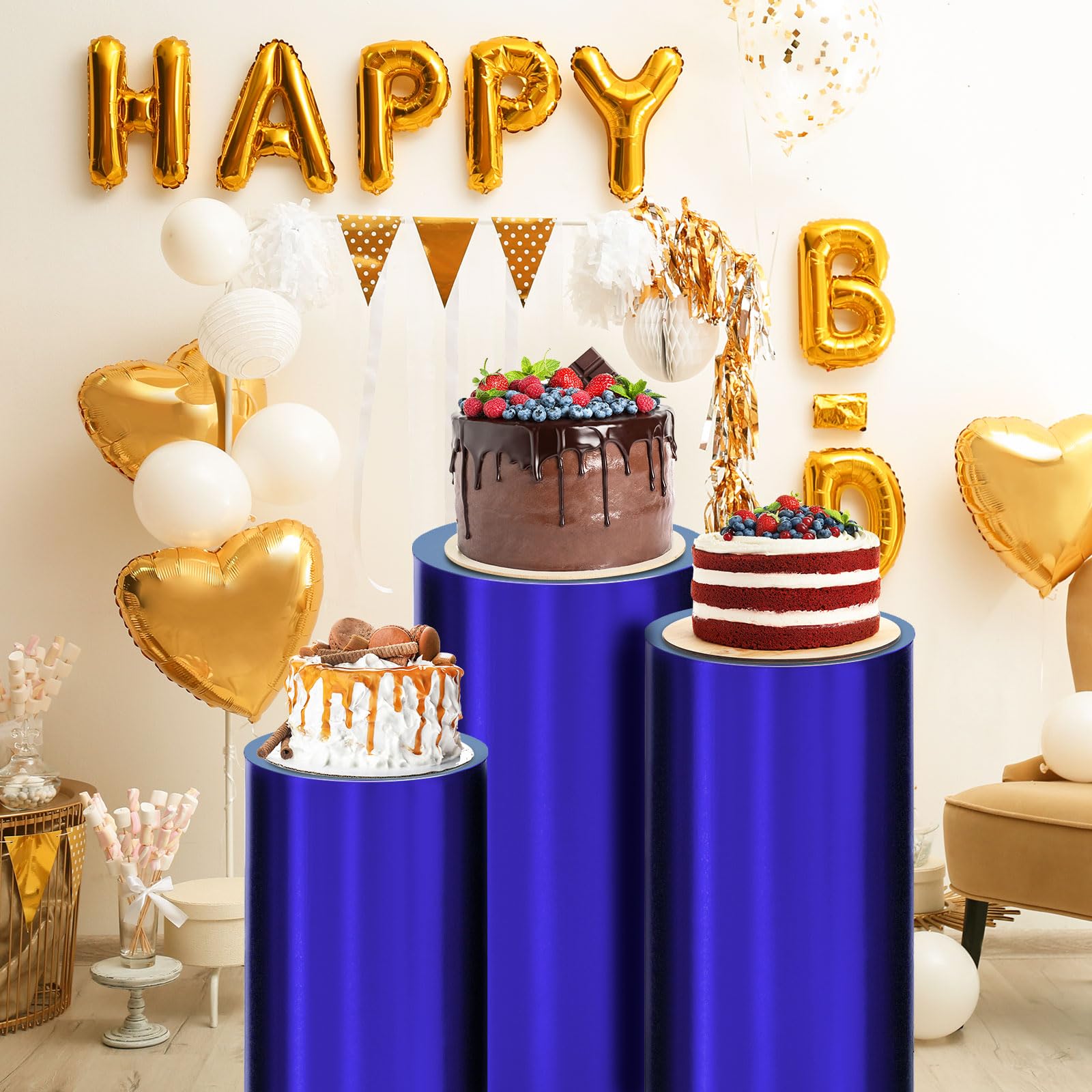 Sourcing Map Set Of 3 Light Blue Cylinder Spandex Stand Covers Plinth Stand Cover For Party Wedding Birthday Decoration Only Contains Cylinder Covers Elastic Fabric Large