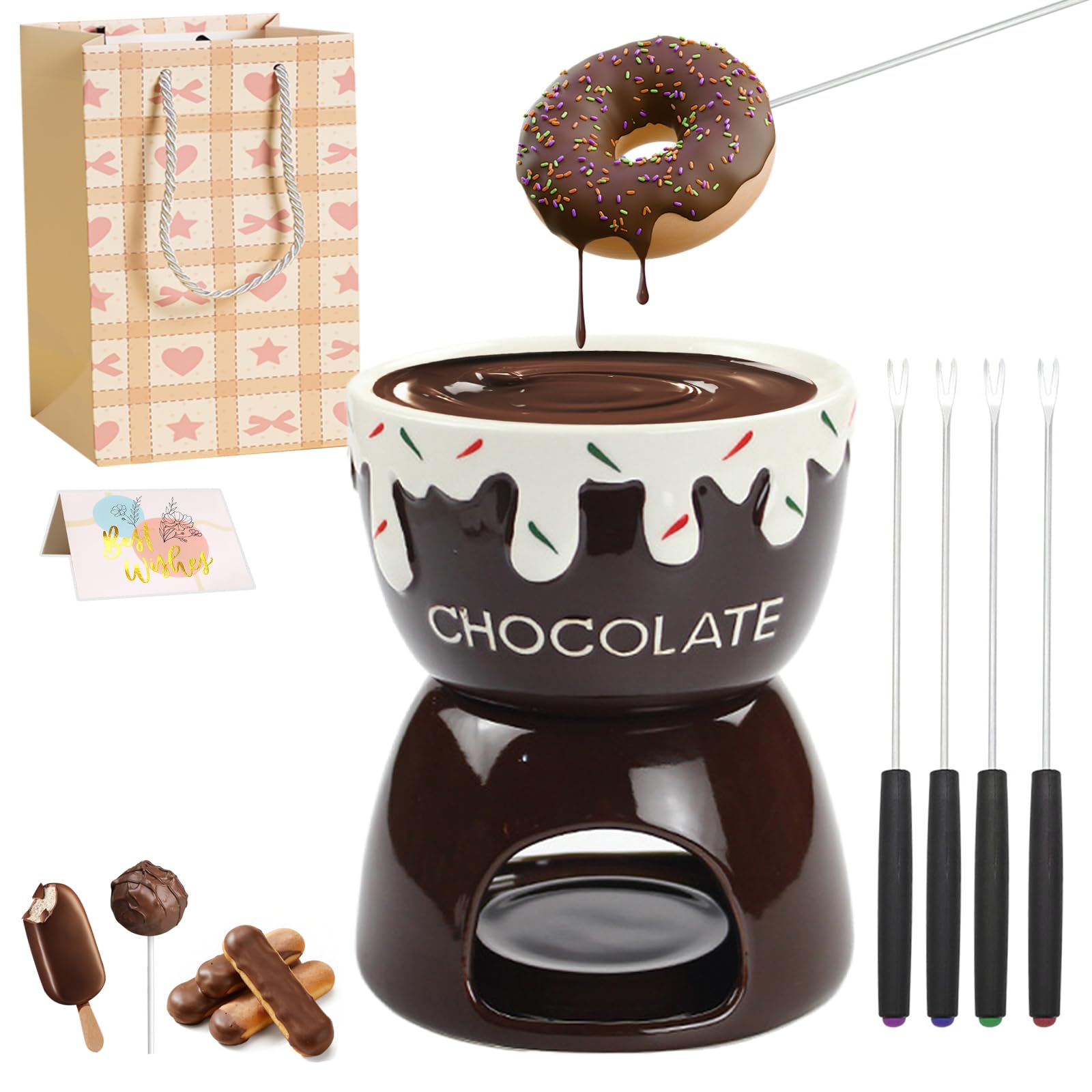 Chocolate Fondue Set, 17oz Ceramic Cheese Fondue Set with 4 Stainless Steel Forks, Multi-Purpose Chocolate Melting Pot Cheese Fondue Pot for Dessert Making Gift for Kids (Ceramic, Chocolate)