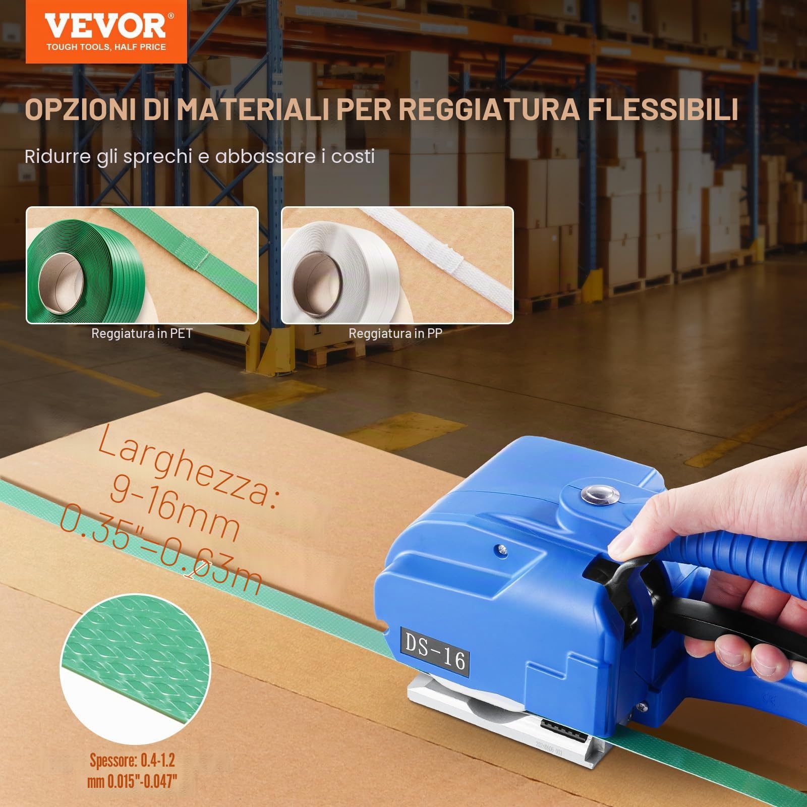 VEVOR Reggiatrice Elettrica 0,89-1,6 cm Tendireggia Elettrica per Reggette PP PET, con Schermo Digitale, 2 x 5000 mAh Reggiatrice Automatica Alimentata a Batteria per Pallet di Scatole da Imballaggio