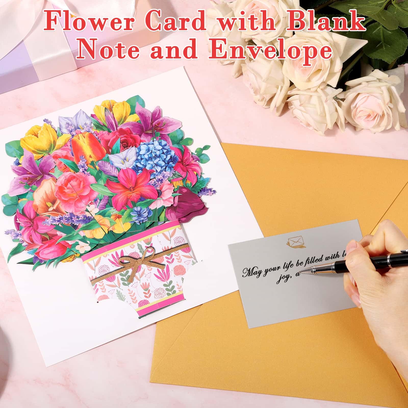 Tidponra Tarjeta de ramo emergente, tarjeta de felicitación de papel de flores 3D para mujer, papel artístico de lirio rosa, para cumpleaños y varias ocasiones, incluye sobre y tarjeta de notas