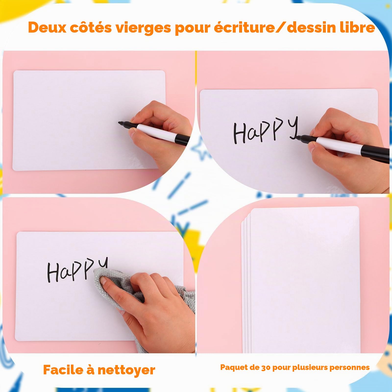 Lot de 30 mini tableaux blancs double face effaçables à sec pour enfants, enseignants et étudiants | Idéal pour la salle de classe, l'école, le bureau et l'apprentissage à la maison | Ensemble en vrac