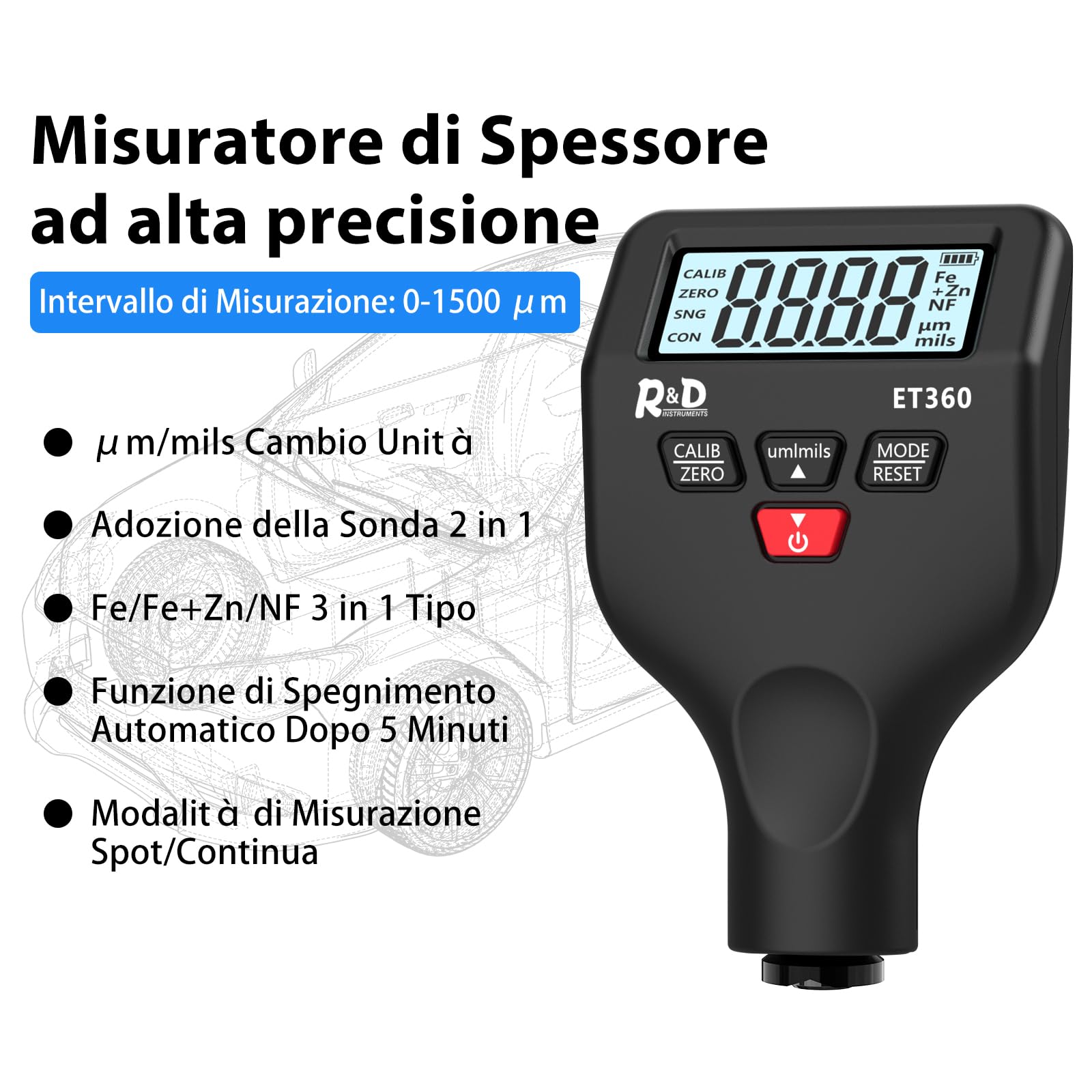 RDINSCOS Spessimetro Vernice 0-1500um Spessimetro di Rivestimento con LCD Retroilluminato Misuratore di Spessore Digitale per Auto Usate/Industria Metallica, Fe/NFe/Zn Riconoscimento Automatico