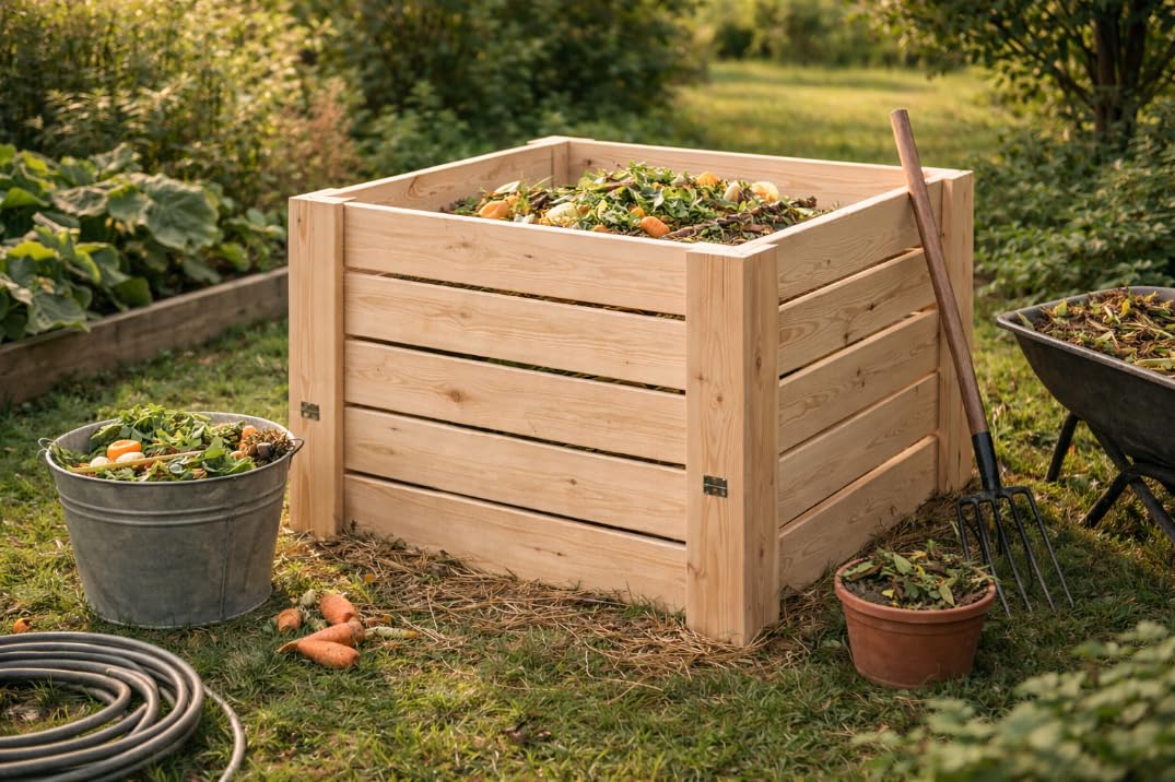 MG Design Holz Komposter 80 x 80 cm – Gartenkomposter aus Holz mit Klappe, Stabiler Kompostbehälter für Garten und Bioabfälle