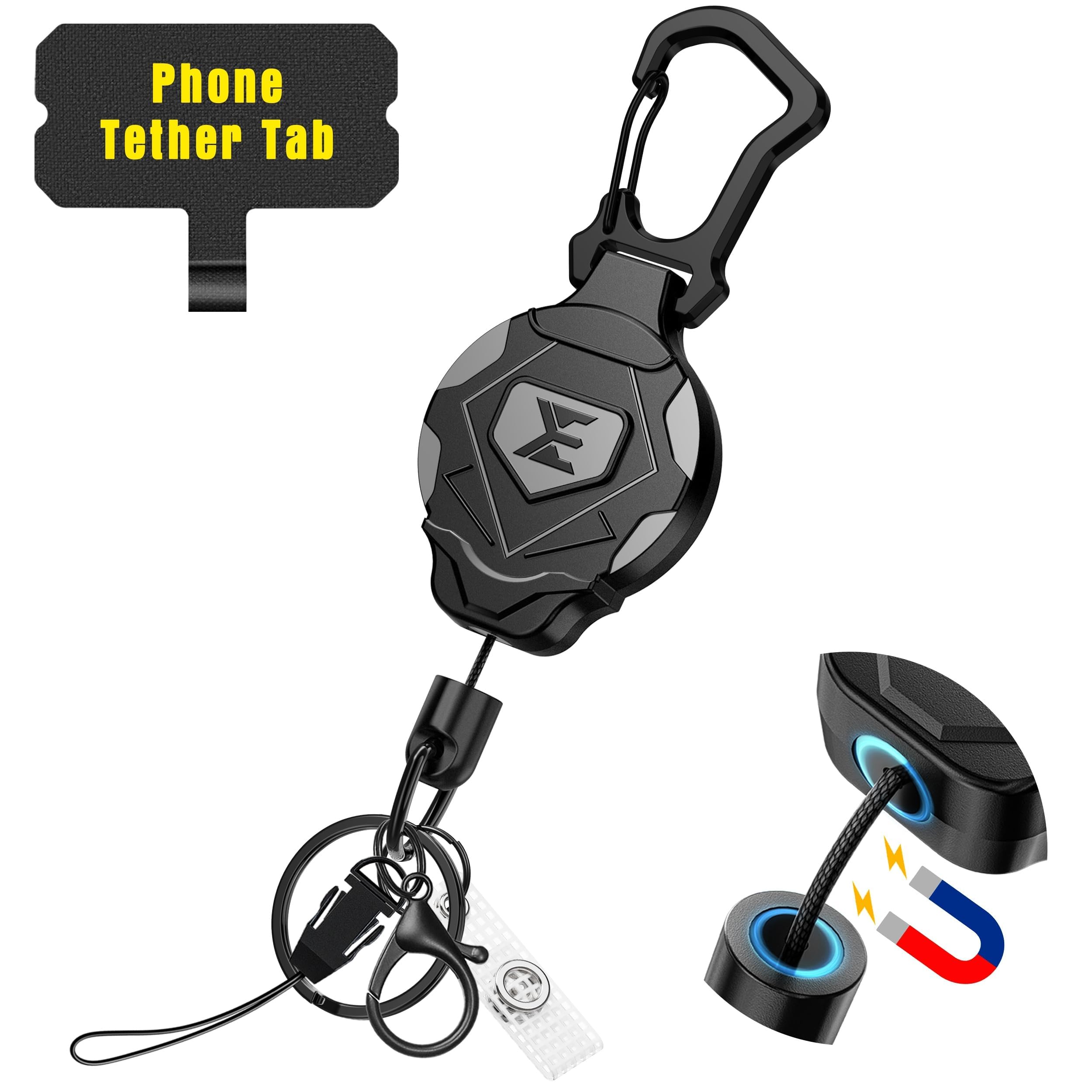 ELV Heavy Duty Retractable Keychain with Magnetic Closure and Carabiner, ID Badge Holder Retractable Clip, Badge Reel with 31” Dyneema Cord, Key Ring, Lobster Claw Clasp and Phone Tethers