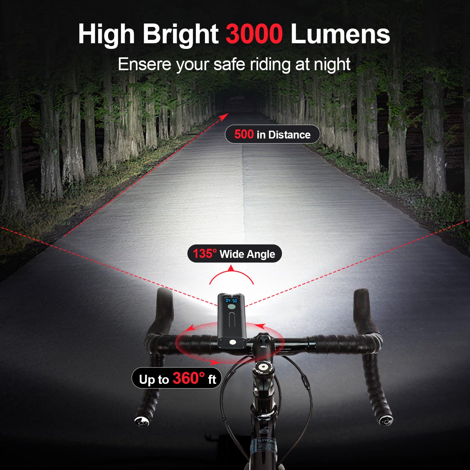 Ensemble de phares de vélo, 5200 mAh, 3000 lumens, lumières de vélo LED avec fonction Power Bank, 5 + 4 modes, étanchéité IPX5, lumières de vélo pour l'équitation de nuit pour l'alpinisme,