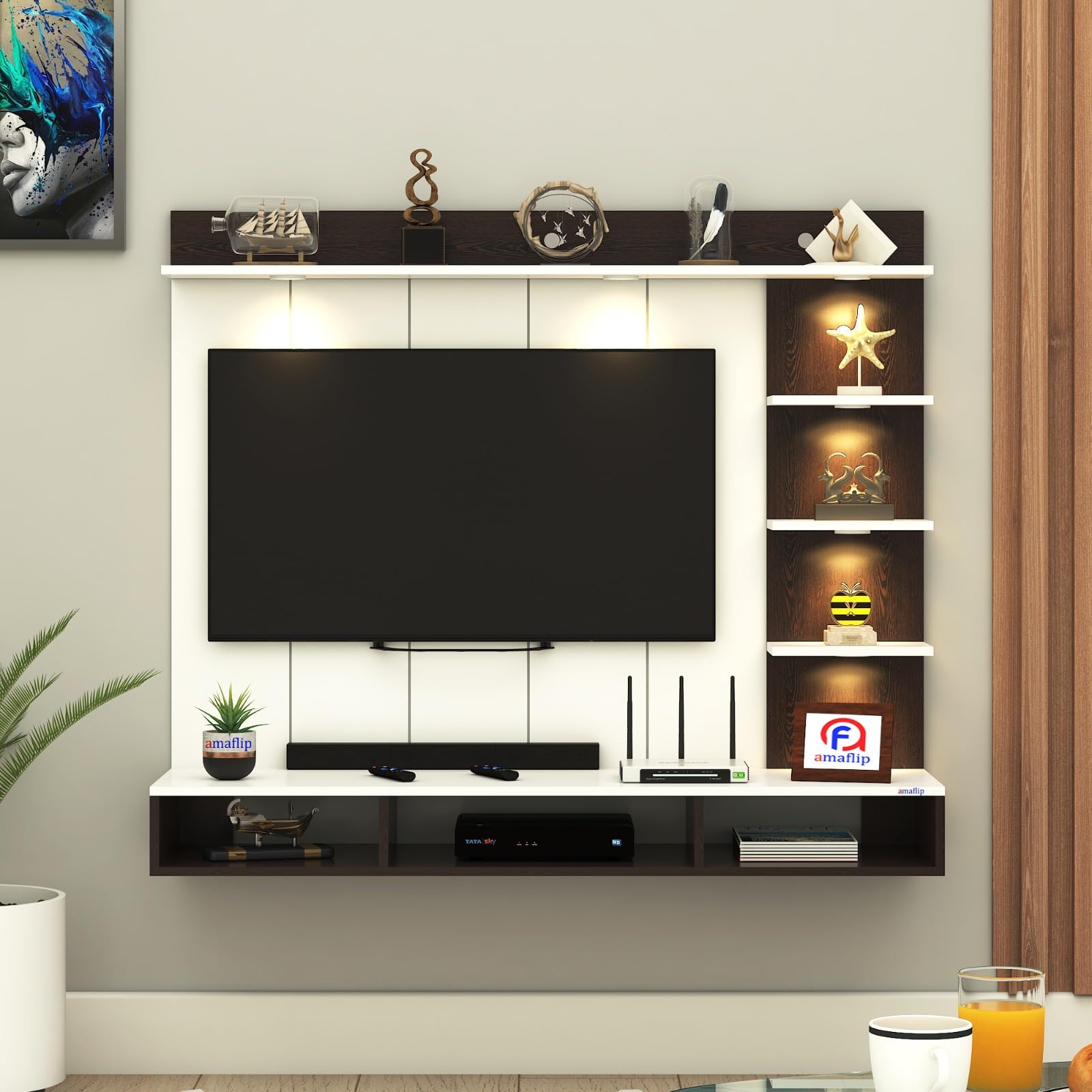 Tyron Engineered Wood Wall-Mount TV Unit with PVC Back Panel & LED Lights | TV Cabinet with Storage Box & Decorative Shelves (Wenge/White) | Ideal for TVs up to 43 Inch | DIY Installation-image-42