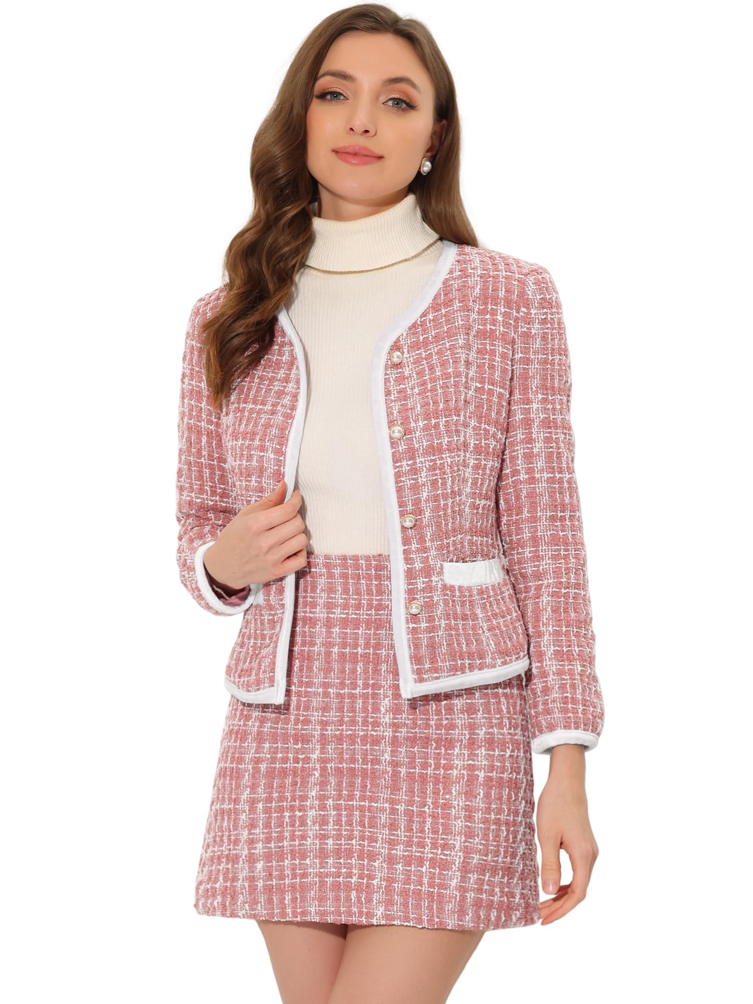 Allegra K Damen Business Anzug Set Zweiteilige Outfits Kariert Tweed Kurzblazer Jacke und Rock Set