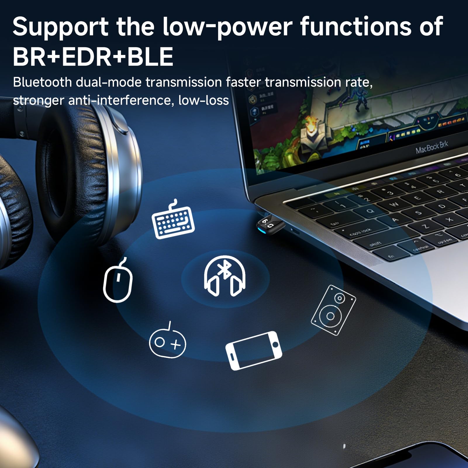 Adaptador Bluetooth 6.0 USB para PC, Dongle Bluetooth USB para Windows 11/10/8.1, Gran Alcance y Baja latencia, Bluetooth USB Conecta hasta 5 Dispositivos ratón, Teclado, Auriculares