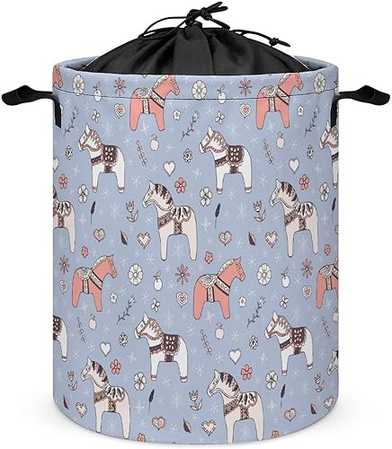 Lindas cestas de lavandería de caballos de Dala de 17.3 pulgadas plegable pequeña cesta de almacenamiento redonda con cordón para ropa sucia juguetes