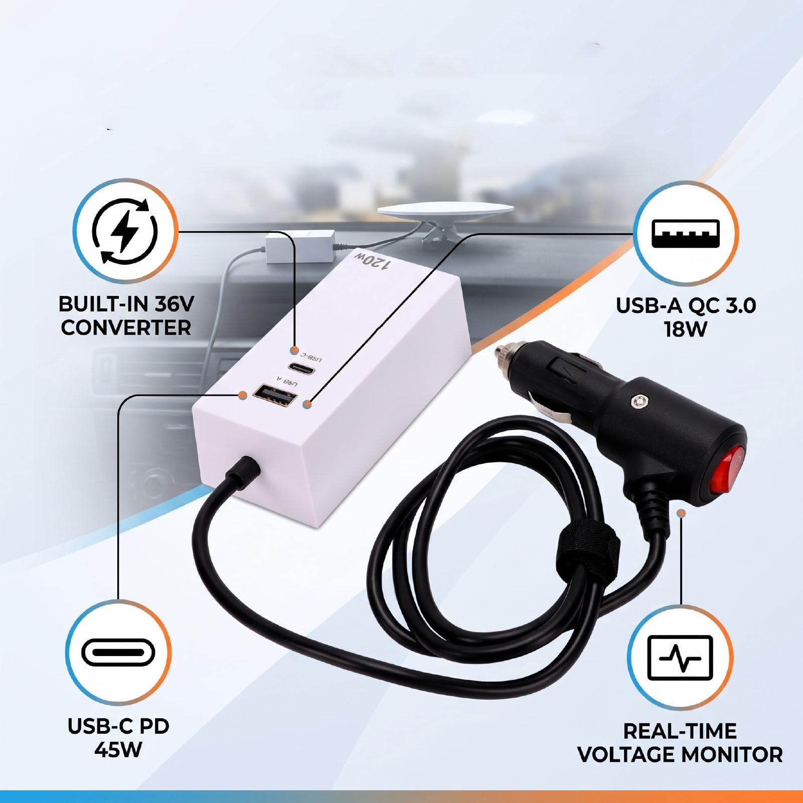 Fafeicy Adaptateur de Voiture Mini Antenne Parabolique 3 Pieds avec Affichage de Tension USB C PD 45W QC 3.0