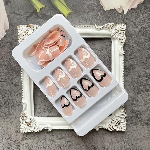 Miniatura 2 de Uñas postizas a presión para el día de San Valentín uñas postizas de almendra uñas postizas de corazón negro y blanco con diseños uñas de longitud