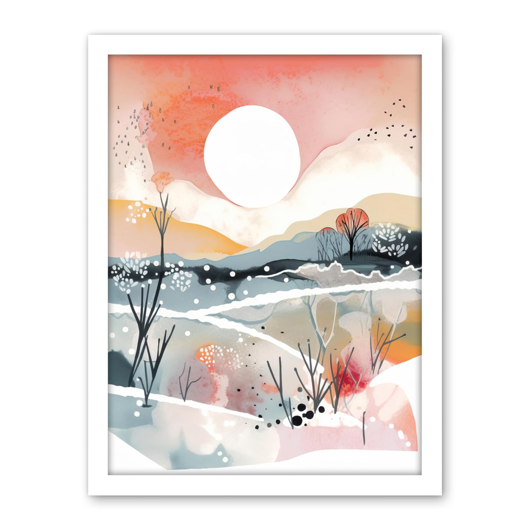 Artery8 Sunset in Winter Landscape Boho Modern Folk Art Artwork Framed Wall Art Print 18X24 Inch