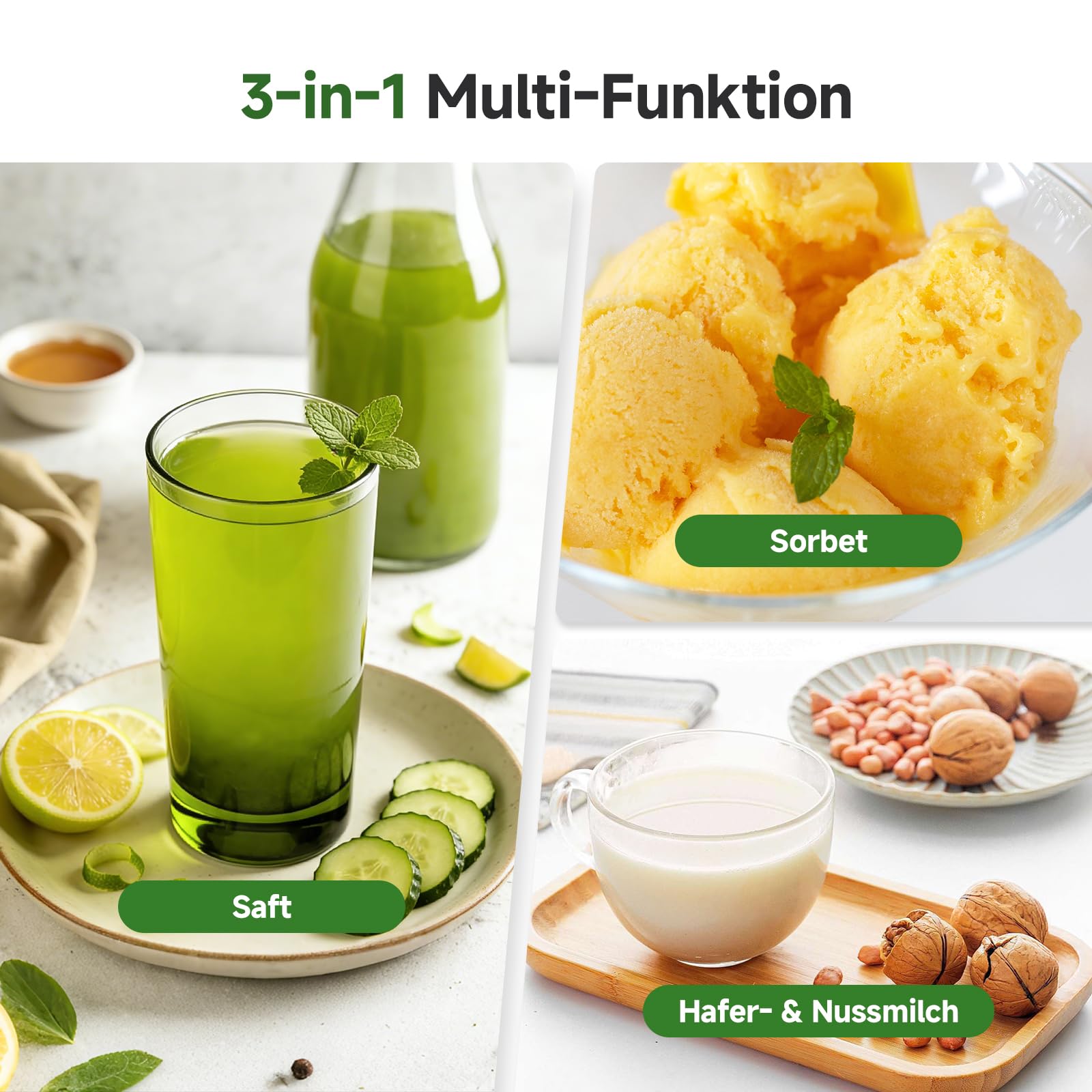 AMZCHEF Entsafter Slow Juicer für ganze Früchte & Gemüse, Kaltpress Saftpresse mit 155 mm XXL-Einfüllöffnung, 2,5 L Behälter, 3-in-1 Sieb (für Saft, Sorbet & Nussmilch), leicht zu reinigen, Schwarz