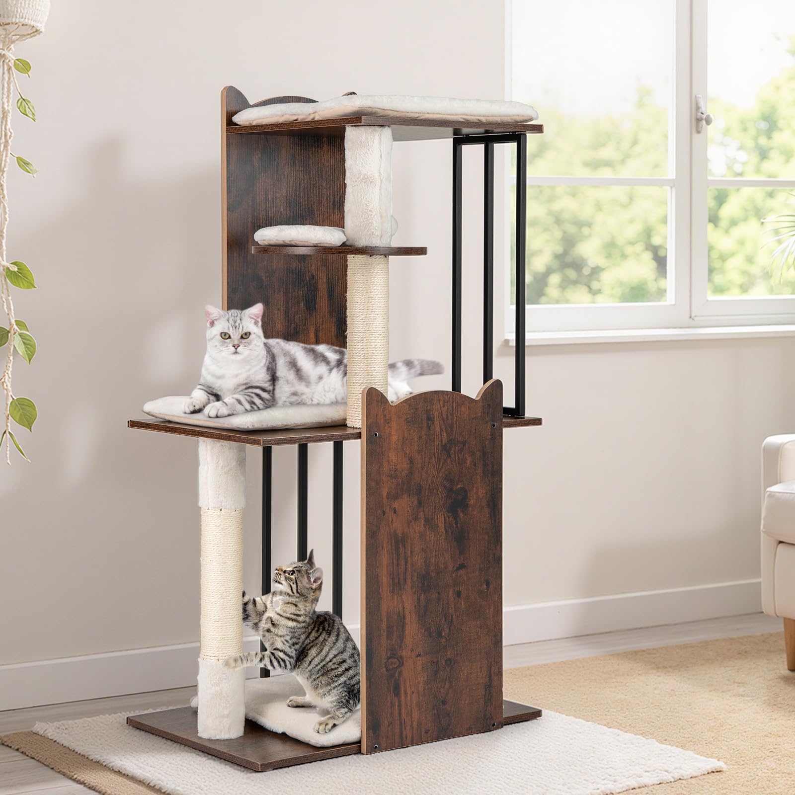 COSTWAY Albero per Gatti Alto 112 cm, Tiragraffi per Gatti in Legno con Posti a Grattare in Sisal, Palline Appese, Cuscini Morbidi Rimovibili e Lavabili, Tiragraffi Gatto per Arrampicata