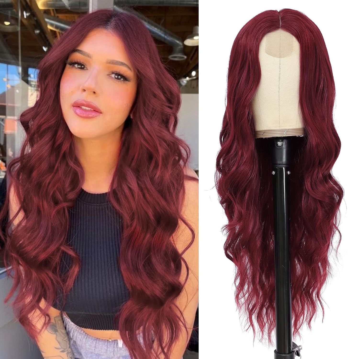 NAYOO Long Wine Red Wavy Wig for Women 26 Inch Middle Part Curly Wavy Wig Natural Looking Synthetic Heat Resistant Fiber for Use (Wine Red) 26 Inch Wine Red