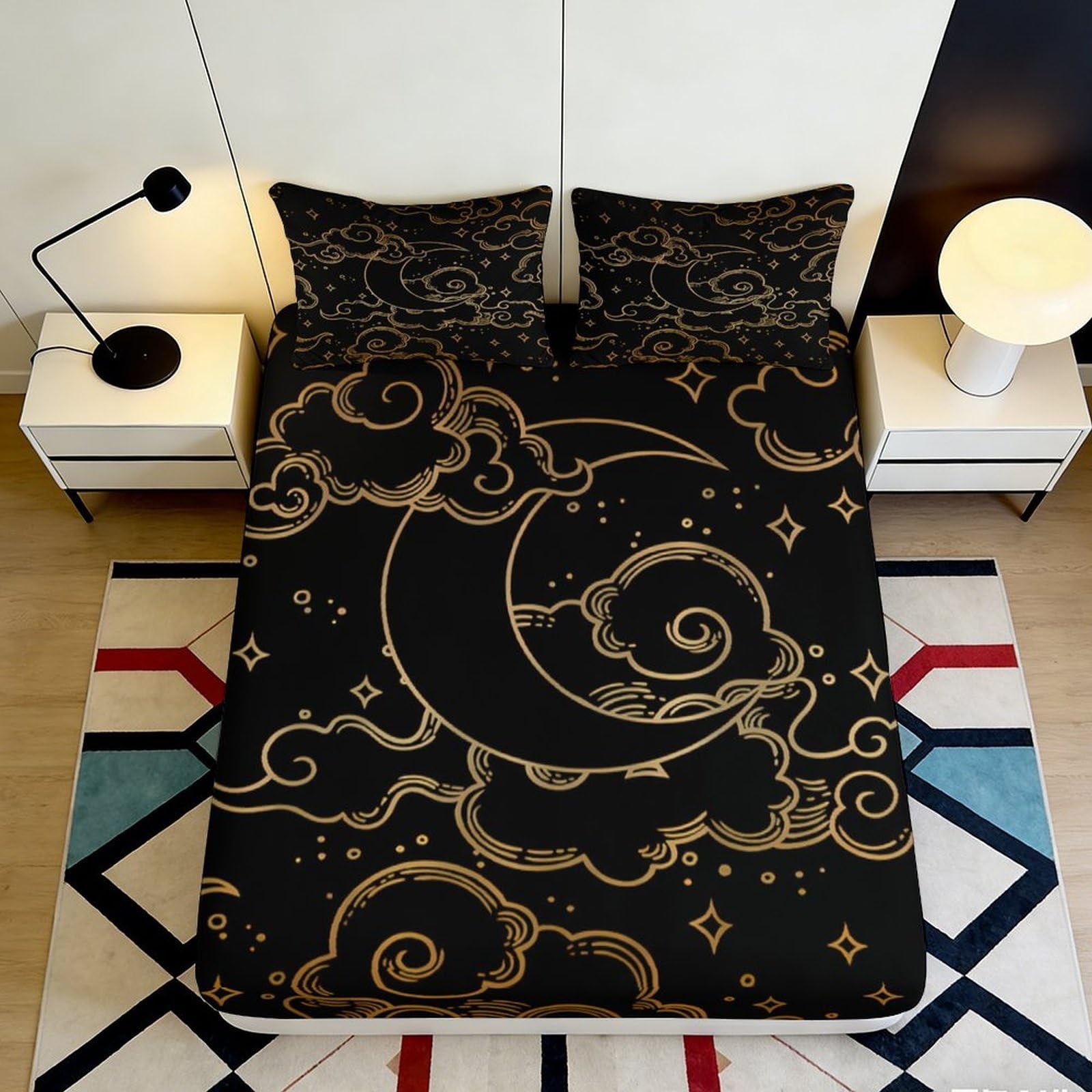 Pnayamiorkfel Style-2 3D Printed Moon And Cloud Fitted Sheet Microfiber Soft Black Gold Bed Cover For Bedroom Guest Room Decor 90X200x25cm