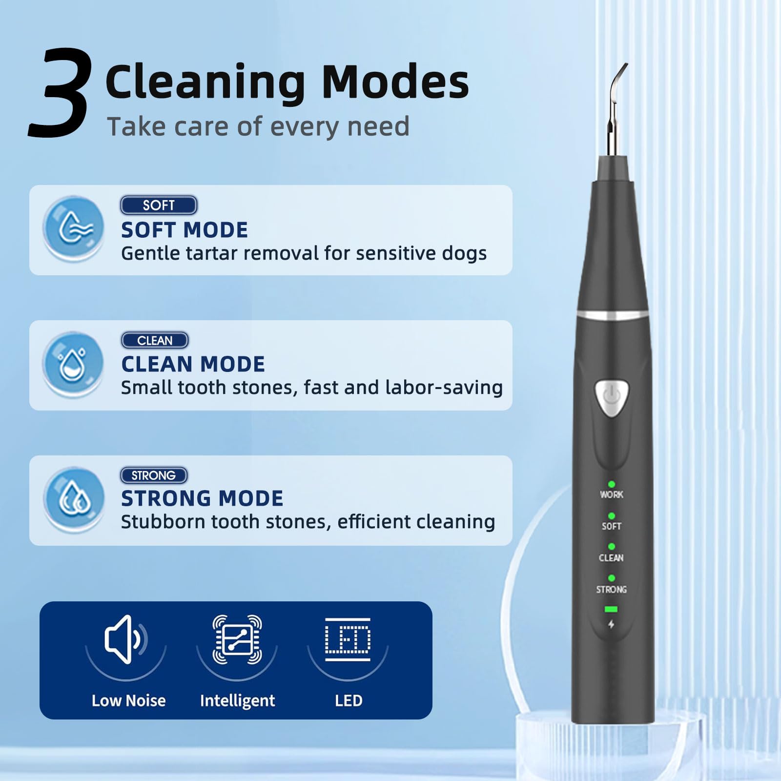 Herramienta de eliminación de placa dental: kit de limpieza de dientes de perro, raspador dental para sarro y placa, 3 modos de limpieza, carga USB, herramientas de limpieza de dientes con