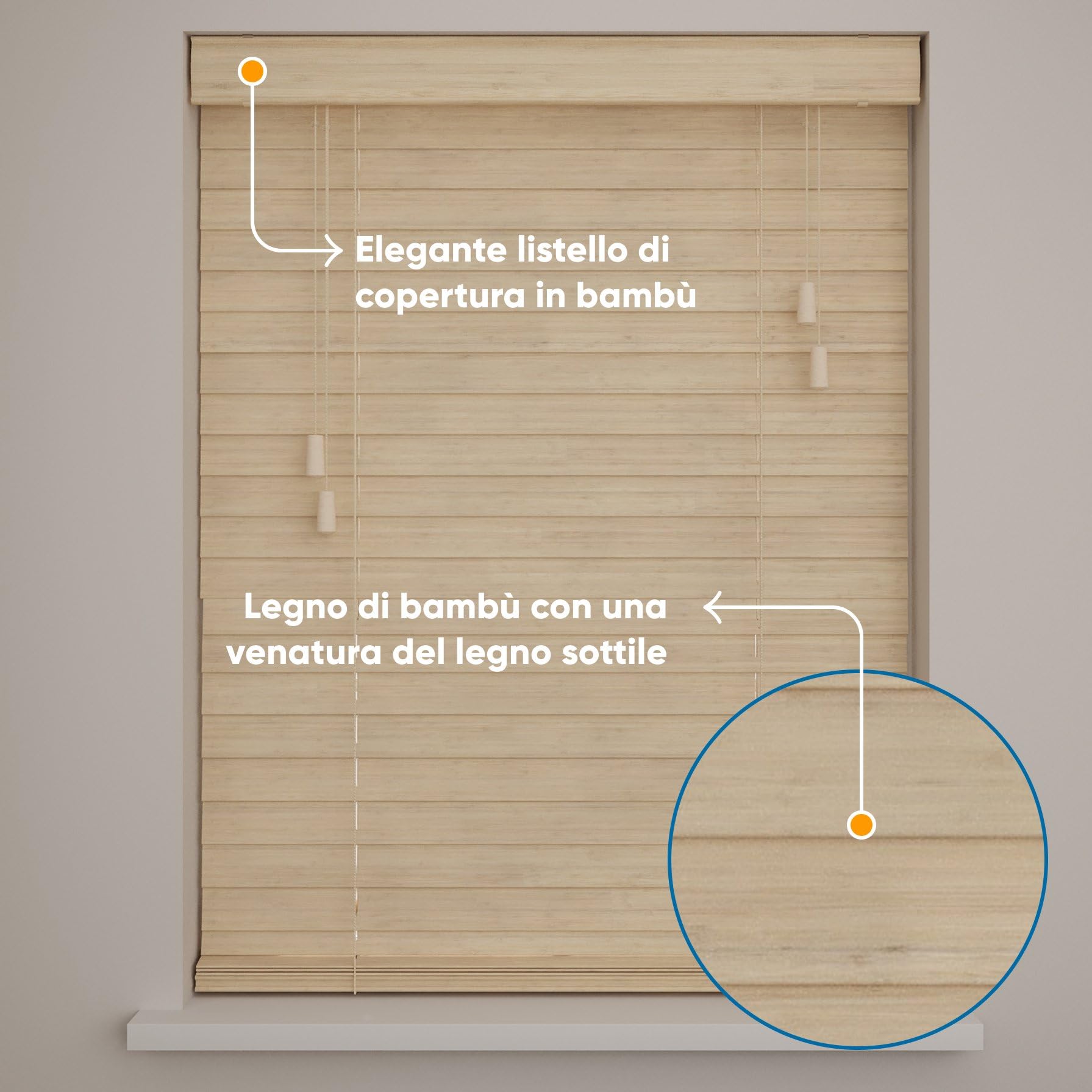 DTCH® Tenda veneziana in bambù interna rovere chiaro 110 x 240 cm (LxA), lamelle da 50 mm in legno di bambù, disponibile in larghezze da 50 a 250 cm, tenda interna, veneziane per finestre