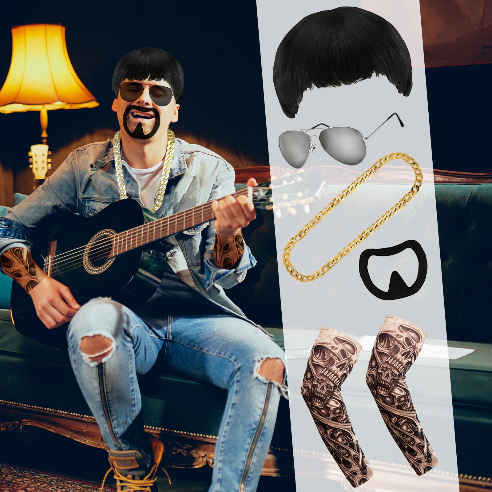 HEUIOP Ibiza Final Boss Costume Accessory Set 5 Pcs Kit with Bowl Cut Wig, Glasses, Gold Chain - Image 4