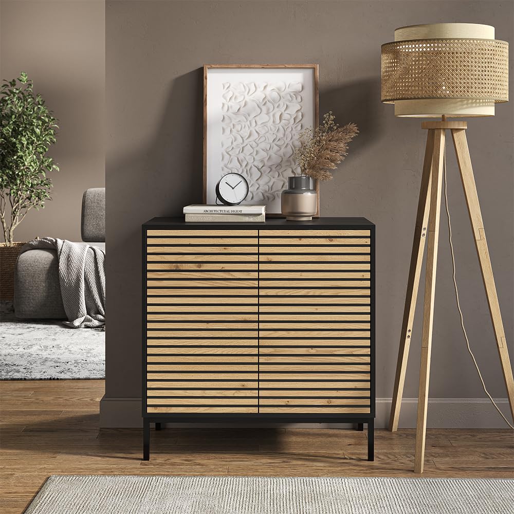 Vicco Kommode Eliza, Goldkraft Eiche/Anthrazit, 80 x 81.2 cm mit 2 Türen, Push-to-Open Mechanismus und pflegeleichter Oberfläche