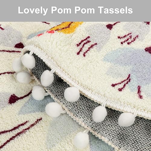 Miniatura 3 de Uphome Alfombra redonda pequeña de 2 pies con pompones y flecos, diseño floral, lavable, suave, antideslizante, circular para ducha, fregadero,