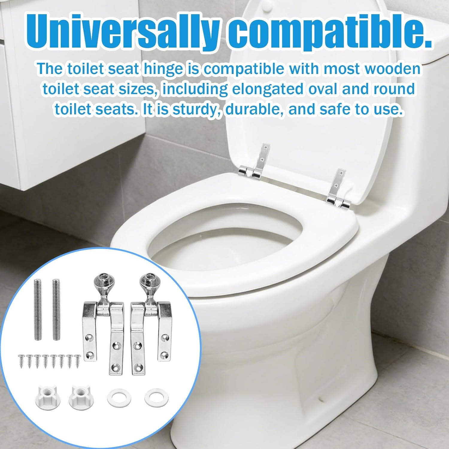 Toilet Seat Hinge Replacement Kit, Universal Metal Hinges with Bolts, Screws, Nuts, Washer Bathroom Hardware Fittings for Most Wooden Toilet Seats, Easy Install