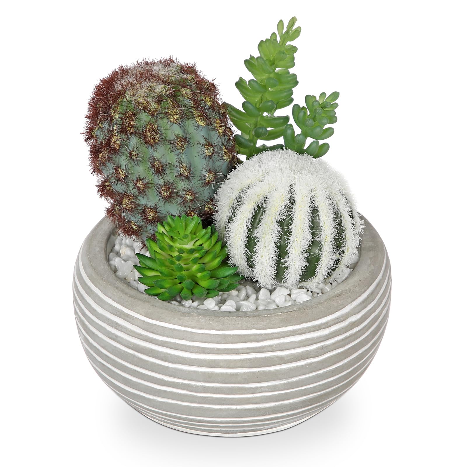 Artificial Cactus Plants Indoor, 5.5" Assorted Small Faux Succulent in Pots Fake Potted Desk Plant with Concrete Bowl Mini Succulents Artificial