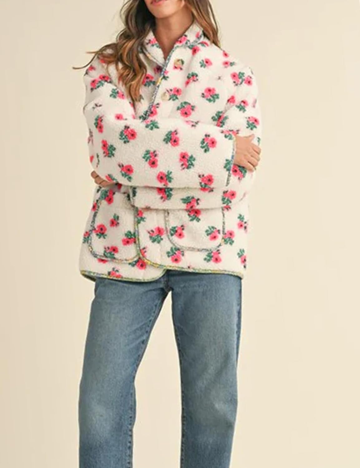 Dqbeng Womens Floral Sherpa Fleece Jacket Long Sleeve Button Up Oversized Casual Teddy Coats Outerwear with Pockets - Image 2