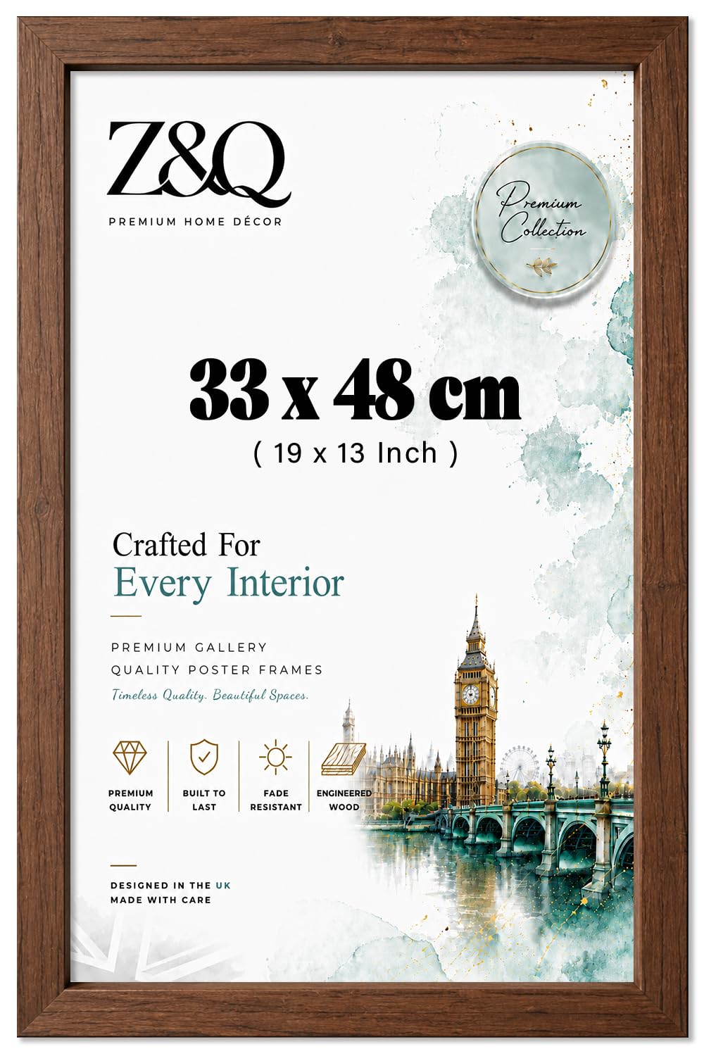 Z&Q - Rectangle Classic Black MDF Wood Finish (33 x 48 CM) Frame for Posters | Eton Wood 19 x 13 Inch For Art Gallery, Home Décor [ Walnut ]