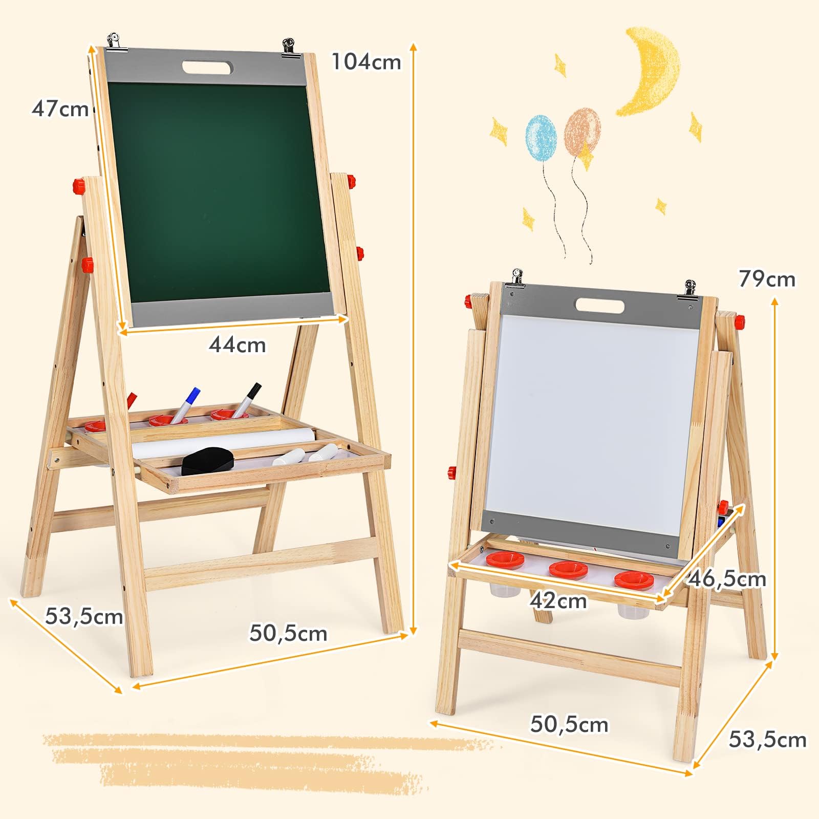 RELAX4LIFE Lavagna Bifacciale con Cavalletto per Bambini, Cavalletto Pieghevole in Legno di Pino con Altezza Regolabile, Lavagna Nera e Bianca Magnetica con Ripiano e Accessori, Cavalletto Portatile