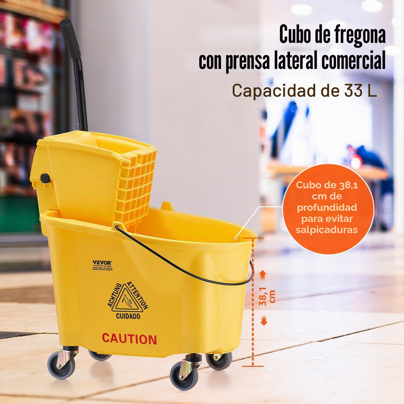 VEVOR Cubo para Trapeador con Escurridor 33L Cubo de fregona con Escurridor de Presión Lateral Cubo de Fregona de Presión Lateral y Escurridor Combinado con Ruedas para Limpieza de Pisos, Amarillo