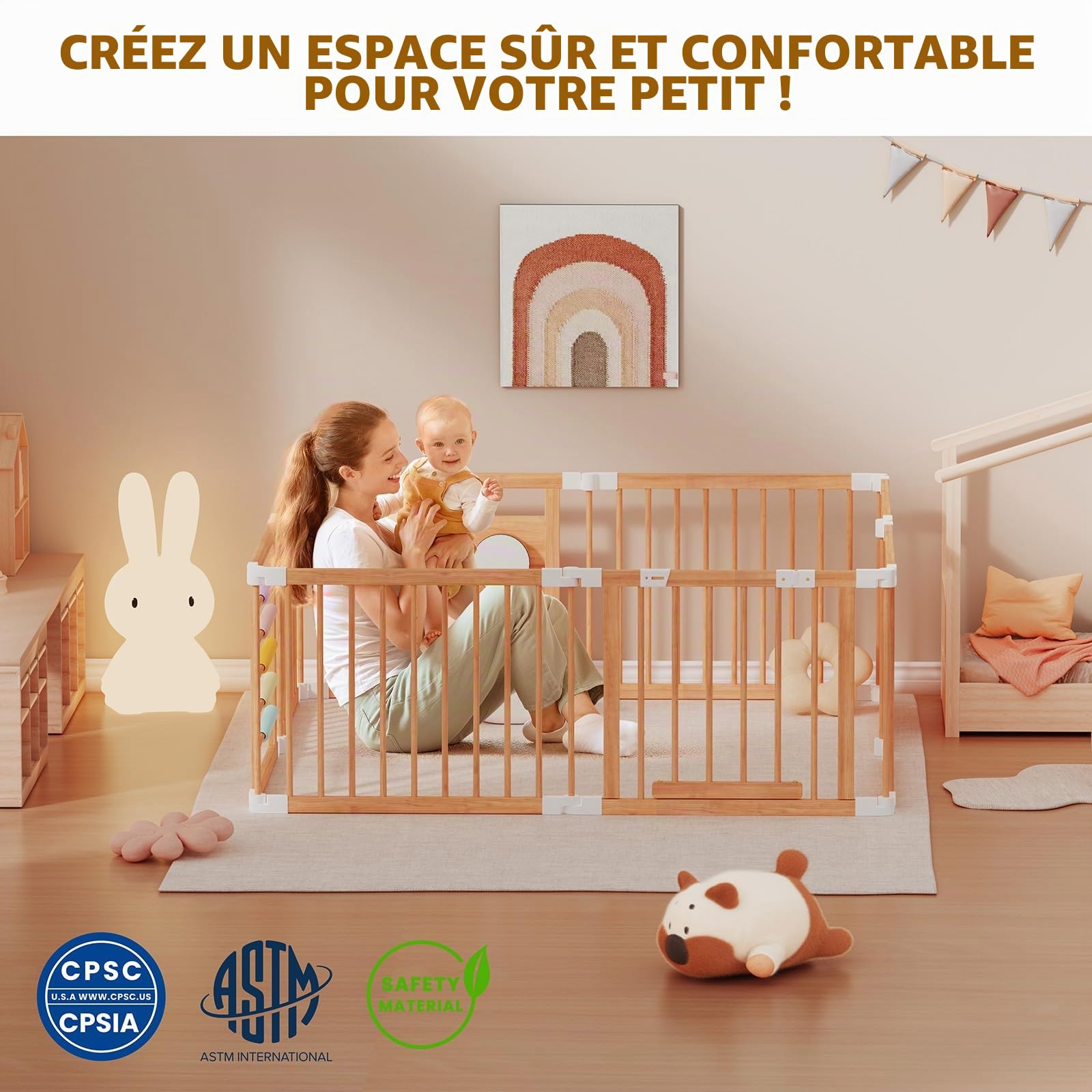 Meublaty Parc Bébé Pliable en Bois 160x160x61cm, Enfant, de Jeux -8 pièces | Modulable et ajustable, Aire de jeu pliable, Enclos de sécurité, Usage intérieur
