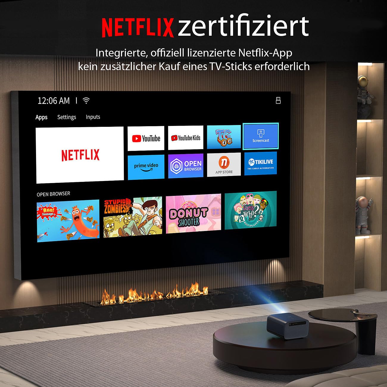 SceneLights LB-1000.ntflx projektor WiFi Full HD z Netflix, 800 ANSI lumenów, Bluetooth, LAN, 2x HDMI
