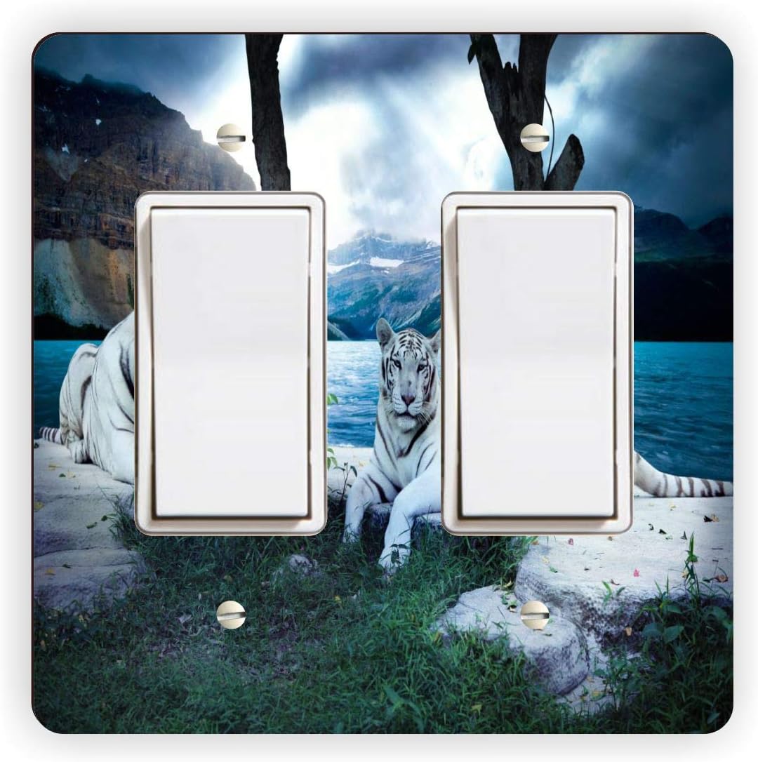 Art Scene White Tigers Together -Light Switch Plate Cover - Double GFI Double Rocker - Two Gang Switch Plate Cover Switch Plate Cover
