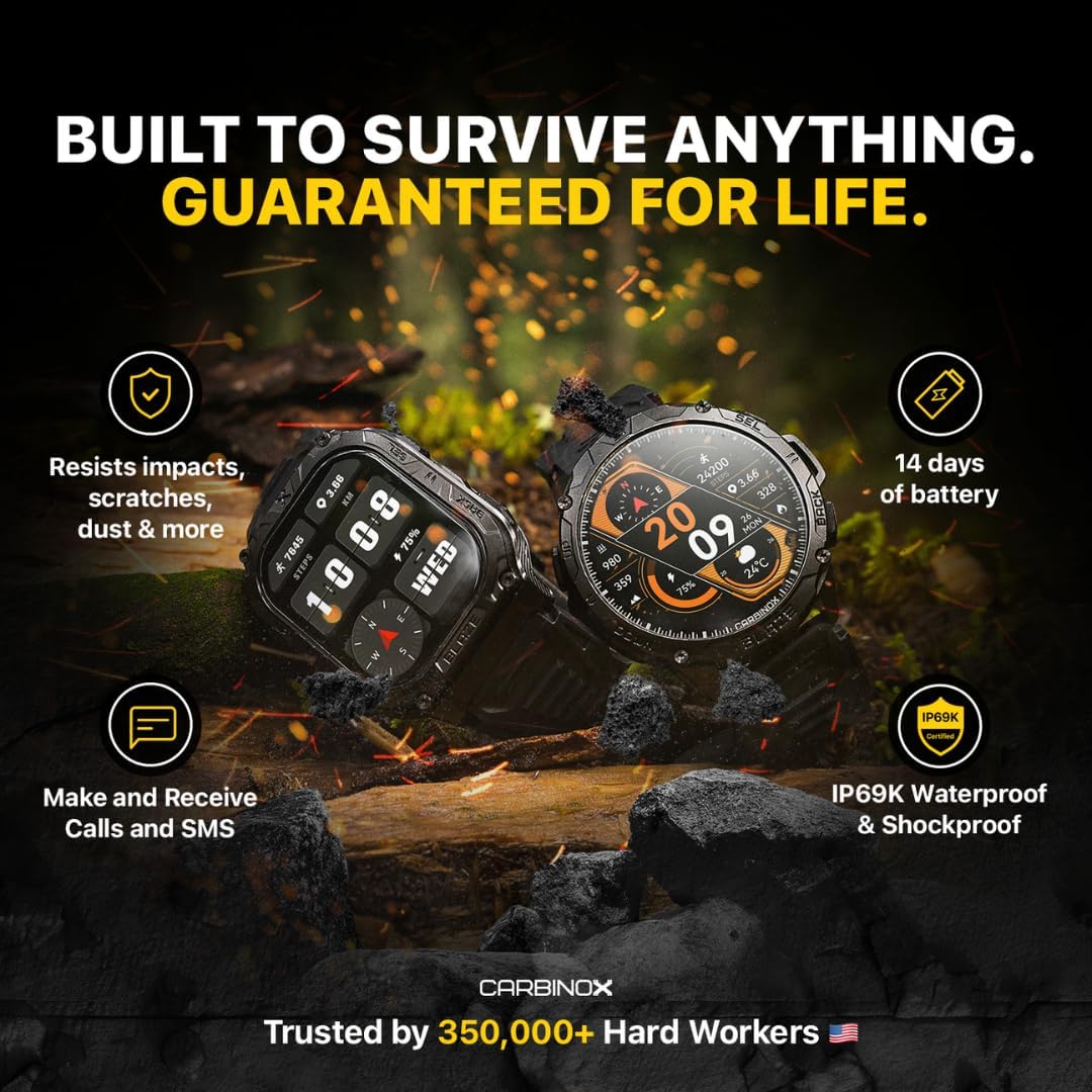 CARBINOX Blaze Smart Watch with GPS – Rugged Fitness Trackers, IP69K Waterproof, 170+ Sports Modes, Gorilla Glass, Make/Receive Calls, Step Counter Watch, Android & iOS Compatible CARBINOX Blaze Smart Watch with GPS – Rugged Fitness Trackers, IP69K Waterproof, 170+ Sports Modes, Gorilla Glass, Make/Receive Calls, Step Counter Watch, Android & iOS Compatible