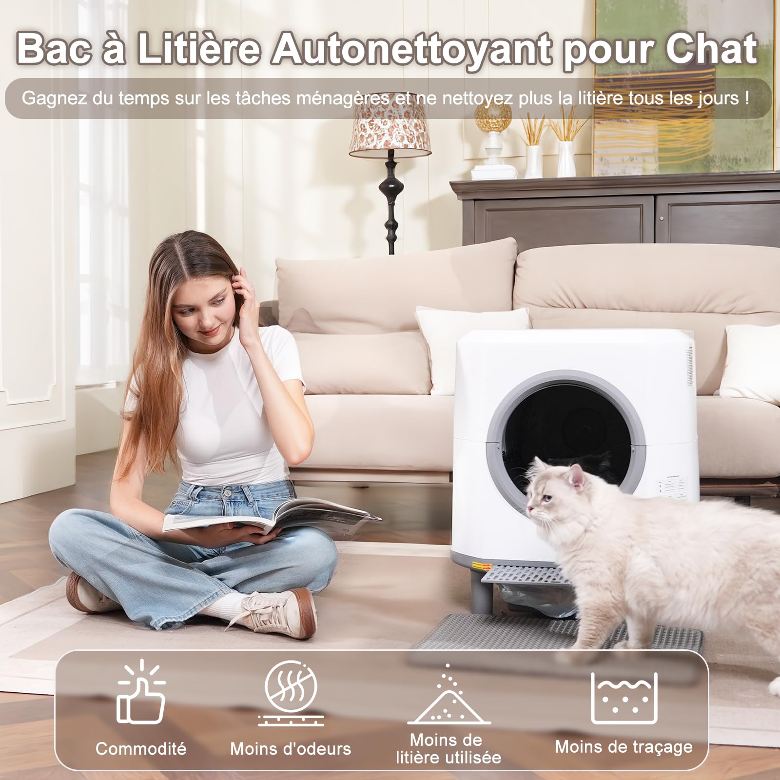 Litiere Chat Autonettoyante, Litière Automatique Anti-Fuites/Pincement/Odeur, Contrôle APP, Bac Litiere pour Chat Capacité 90L pour Plusieurs Chats, Vidage en 1 Touche Nettoyage Facile