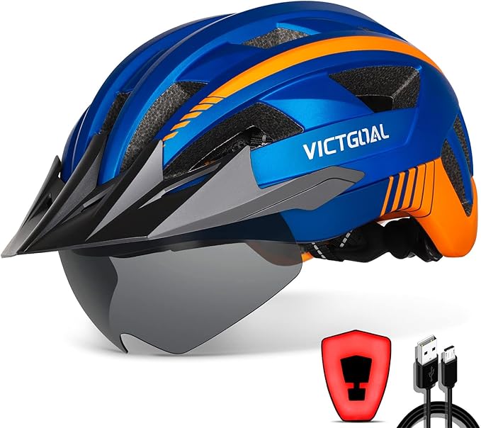 VICTGOAL Bike Helmet with USB Rechargeable Rear Light Detachable Magnetic Goggles Removable Sun Visor Mountain & Road Bicycle Helmets for Men Women Adult Cycling Helmets